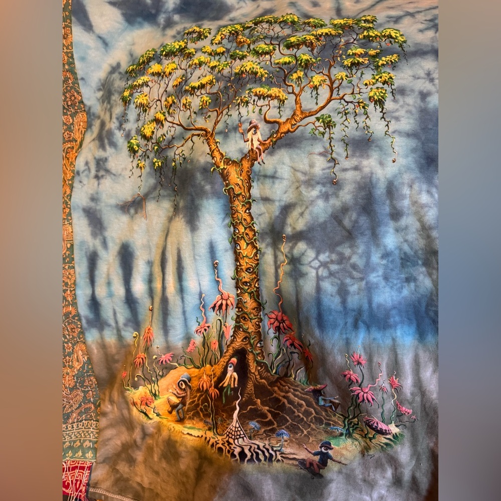 Boho Tie-Dye Tree Graphic Poncho Top in Teal and Brown - Picture 2 of 7